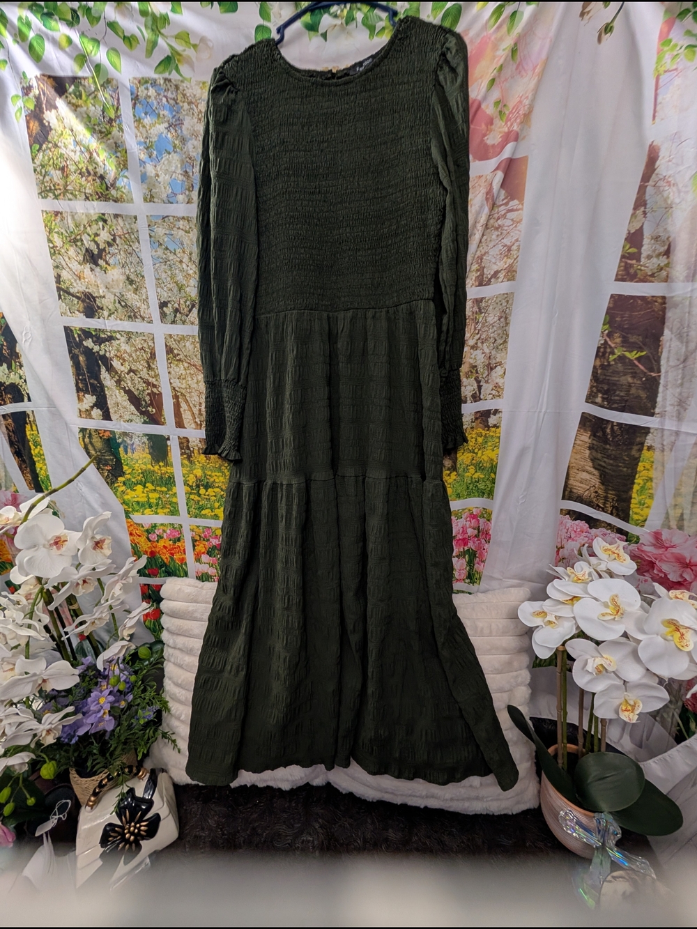 Smocked Olive Green Long-Sleeve Tiered Maxi Dress